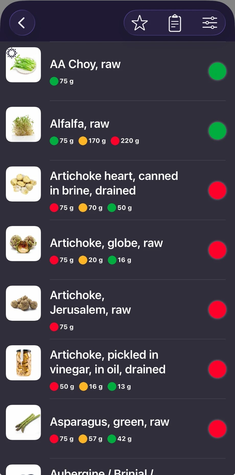 Monash FODMAP app: a list of vegetables, each with green, amber and red serving sizes in grams.